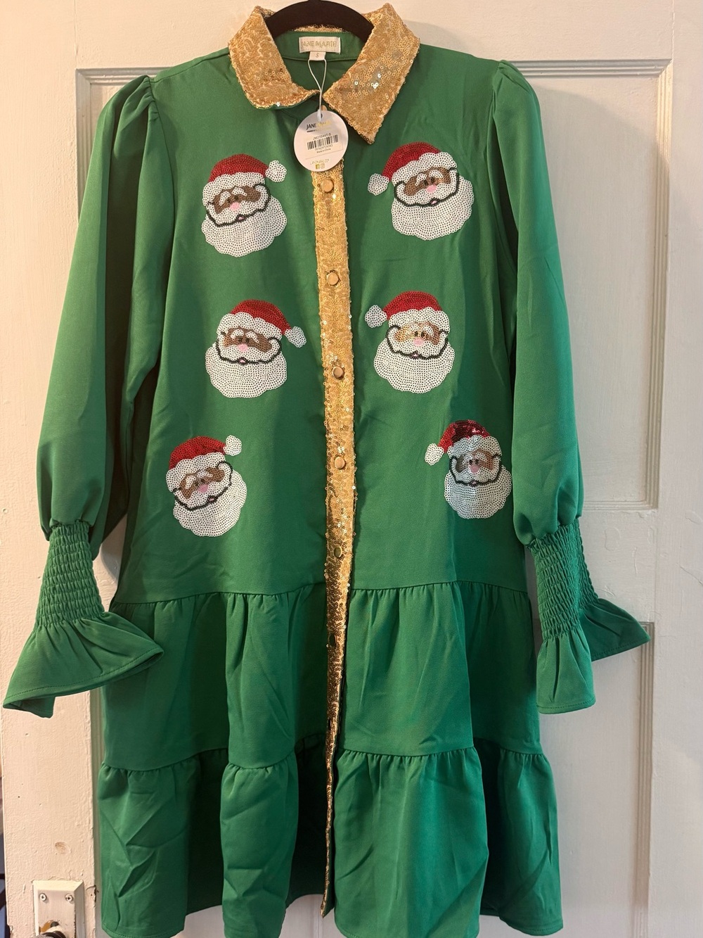 Festive Green Santa Sequin Tiered Dress with Gold Trim